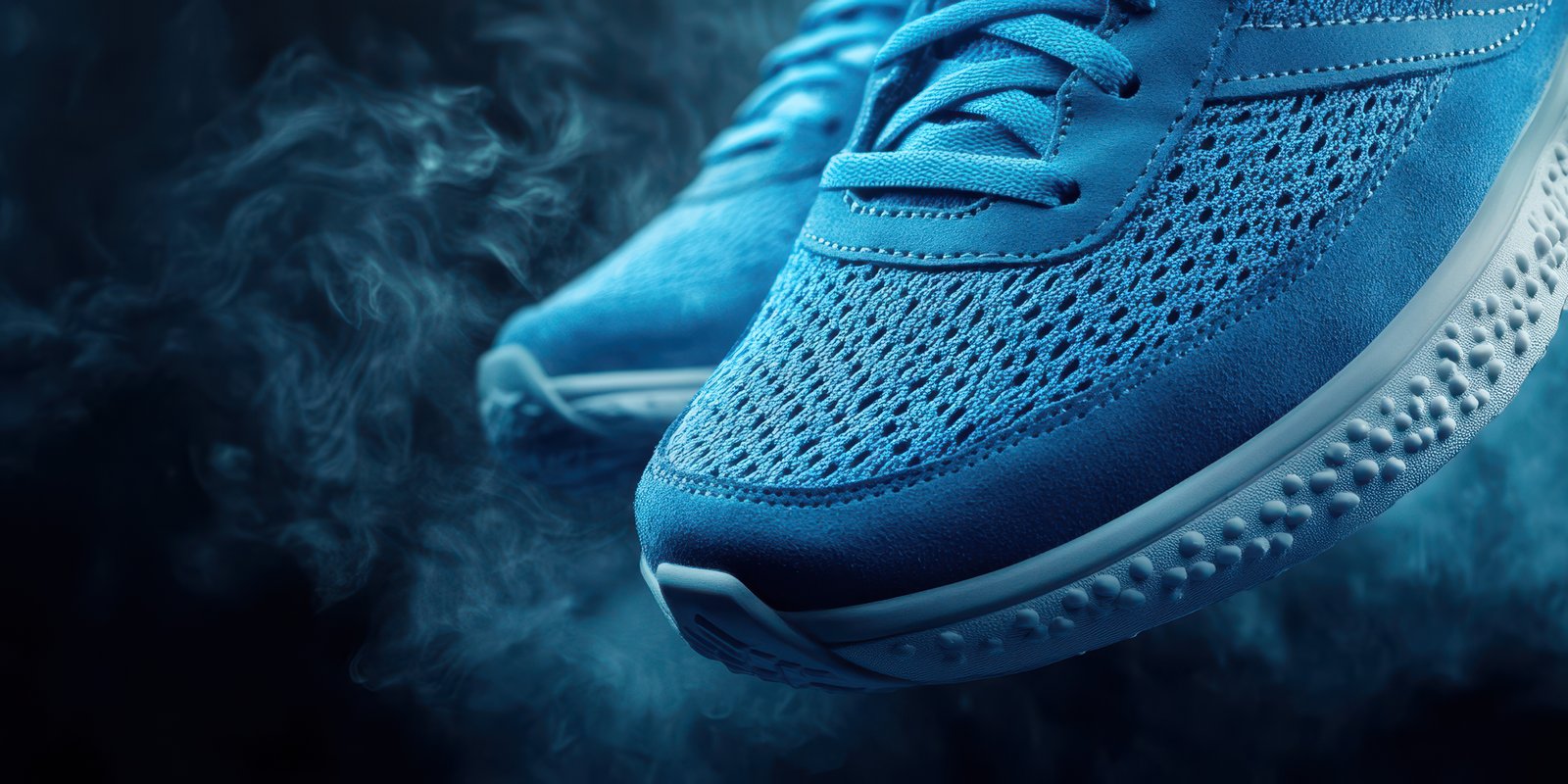 Blue running shoes in a dynamic pose surrounded by mist in a dark setting